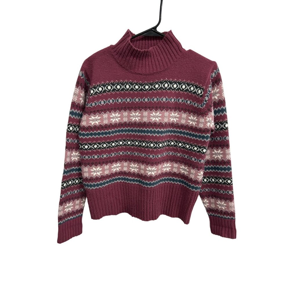 Vintage Crystal Kobe Fair Isle Turtleneck Pullover Sweater Burgundy Sz Small